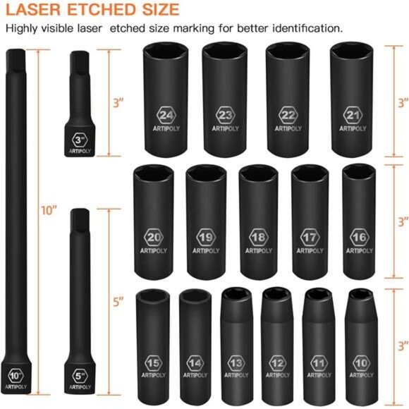 20 Pieces 1/2" Drive Metric Deep Impact Socket Set - Picture 2 of 8